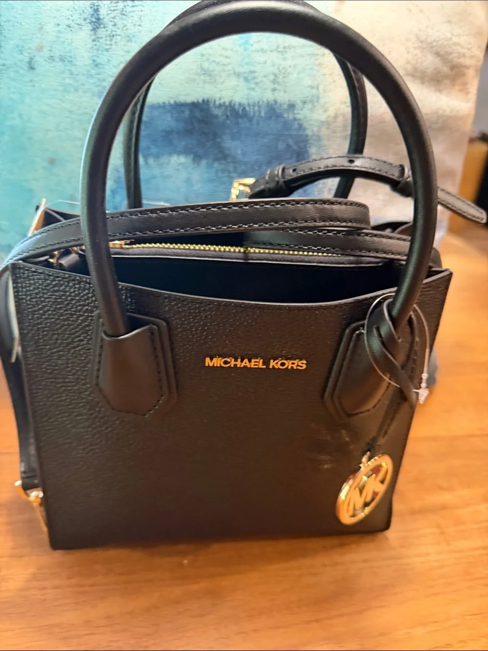 Michael Kors Mercer MD Messenger Black Leather Satchel with Gold Accents